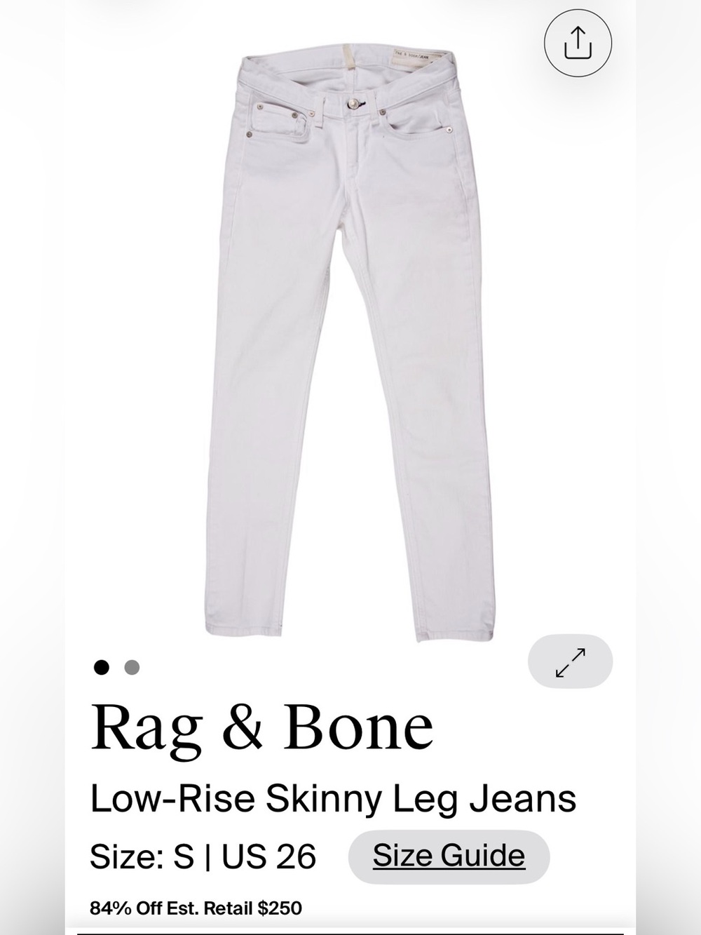 rag & bone White Skinny Jeans - Low Rise Sz 26 - Picture 1 of 6
